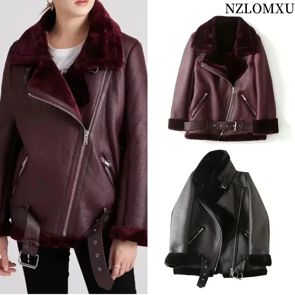 women\'s 2024 autumn and winter new street style warm versatile lapel with belt fur integrated fashion jacket coat women