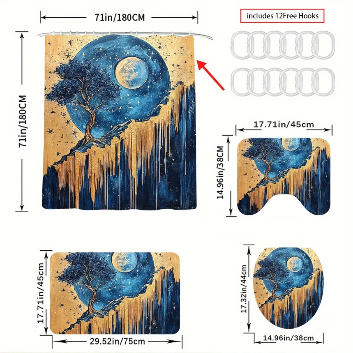4pcs Cozy and Unique Celestial Themed Bathroom Set - High Quality Shower Curtain, Non-Slip Absorbent Rugs, and Toilet Lid