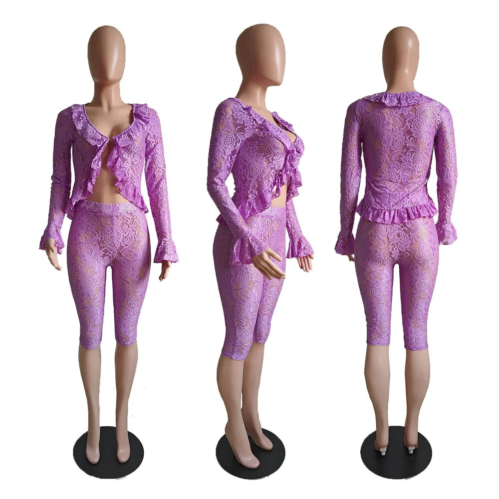 여성 봄 새로운 2025 솔리드 컬러 섹시한 패션 컷 아웃 레이스 탑과 반바지 정장을 통해 볼 여성 Loungewear 두 조각 세트