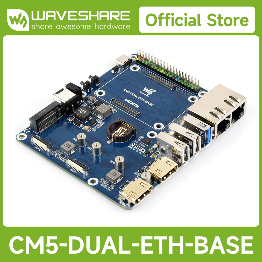 Waveshare Gigabit/2.5G Dual Ethernet Base Board For Raspberry Pi CM5, Dual RJ45 Ethernet Ports, Supports Dual 4K Display Outputs