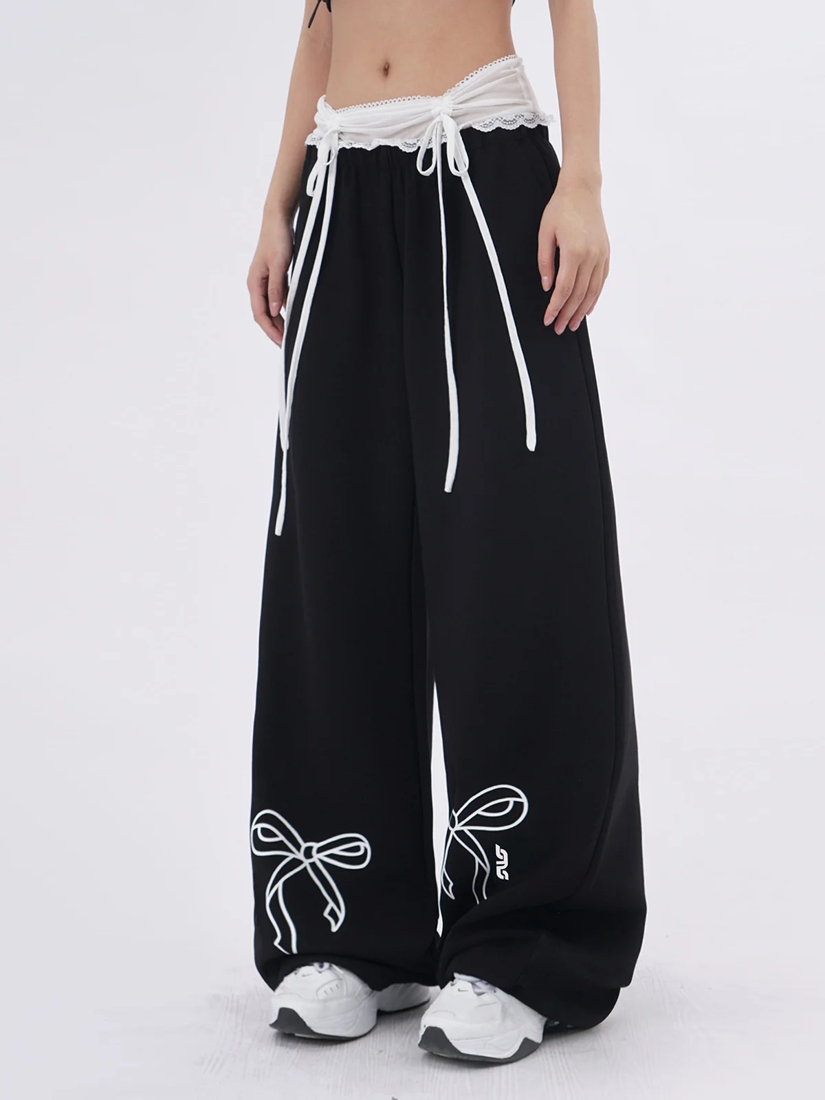 

Bla Lace Splice Loose Wide Leg Pants Women's Summer Casual Trousers Knot Color Blo Design Straight Leg Long Pants