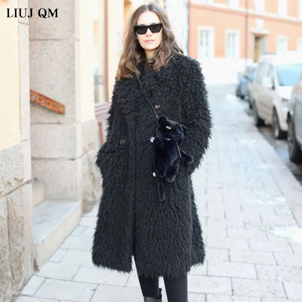 European Fashion Black Long Faux Fur Coat Autumn Winter Women Warm Fluffy Plush Jacket Large Size Female Overcoat Outwear 2023