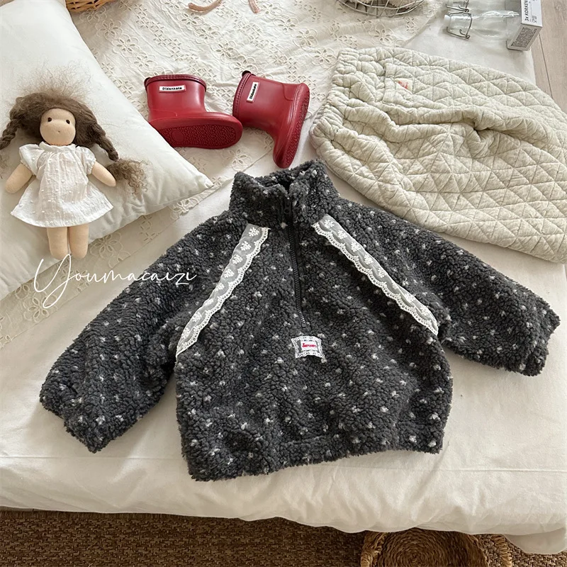 

Children Coat 2025 Winter New Lace Mao Mao Zipper Coat for Girl Lamb Wool Baby Girl's Coat Outerwear
