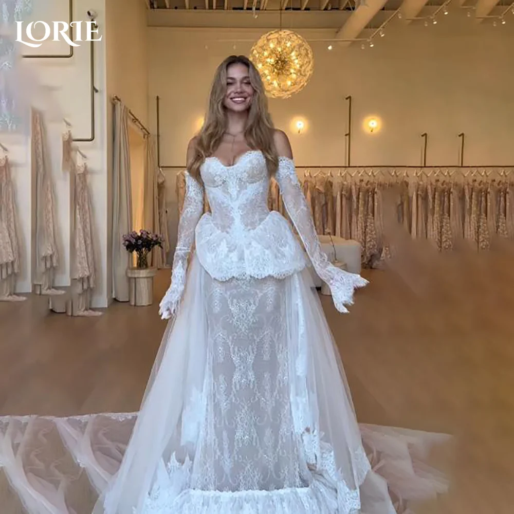 

LORIE Lace Vintage Wedding Dresses Applique Sweetheart Puff Sleeve 3D Flowers Bobycon Church Mermaid Bridal Gown Customized