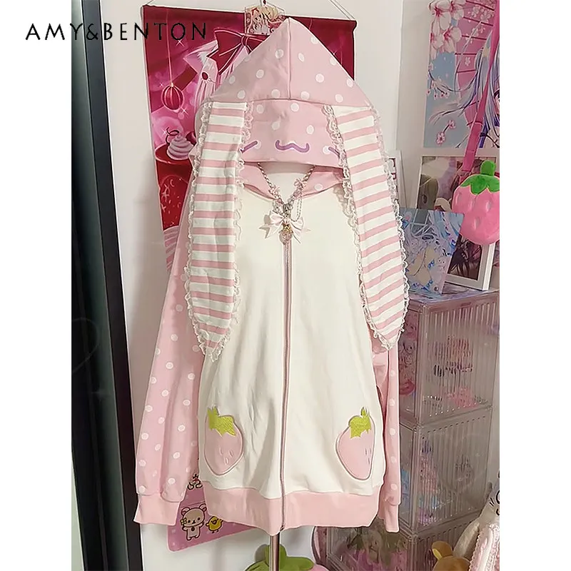 2026 Spring Autumn Kawaii Bunny Ear Hoodie Women Strawberry Embroidery Pink Polka Dot Zip Up Hooded Sweatshirt Sweet Streetwear