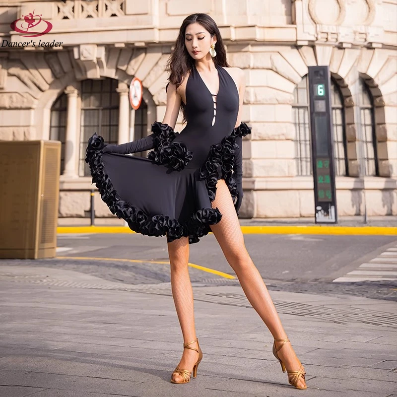 

Latin Dance Autumn/Winter Style Temperament Dress with Wave Lace Samba Rumba Female Adult Stage Professional Apparel