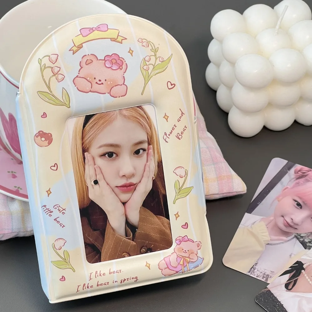 Mini 32 Pockets Photo Album 3 Inch Cream Bear Photocard Holder with Button Card Album