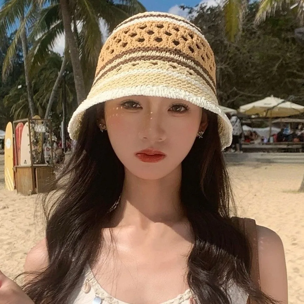 Kapelusz typu bucket hat w paski, wielokolorowy, na wakacje na plaży, kapelusz rybacki, ażurowy kapelusz przeciwsłoneczny, kapelusz panama, czapki bob