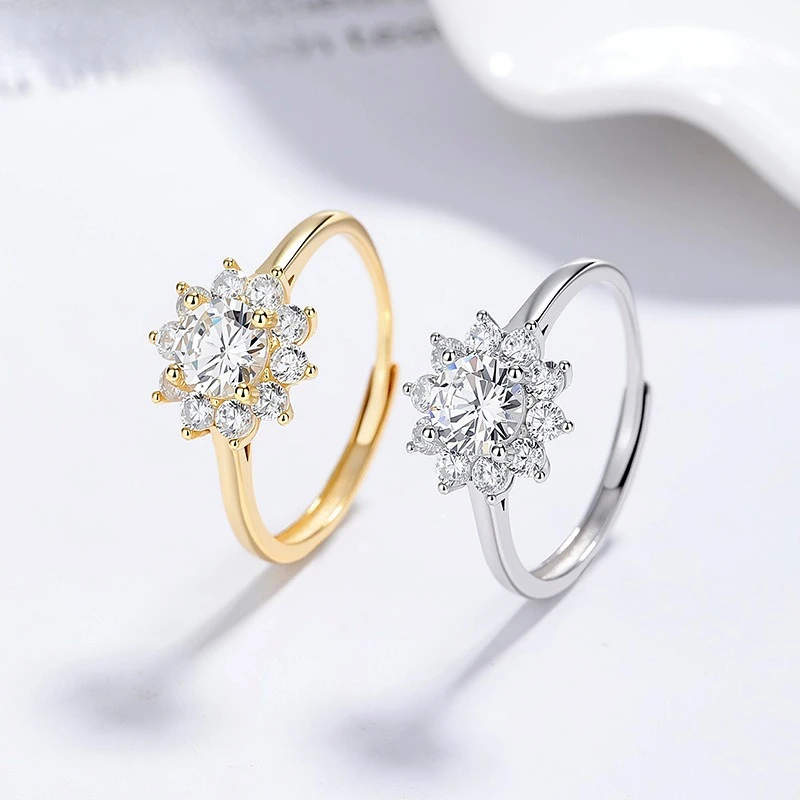 925 Sterling Silver Sunflower Ring for Women Adjustable Open Ring Zircon Inlaid Niche Luxury Elegant Fashion Finger Jewelry