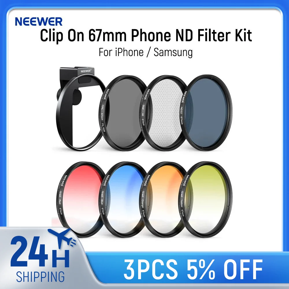 NEEWER Clip-on 67 mm telefoon ND-filterset Verbeterde lensclip Kleurenfilters Set voor iPhone 15 Pro Max 14 13 Samsung S22 S23