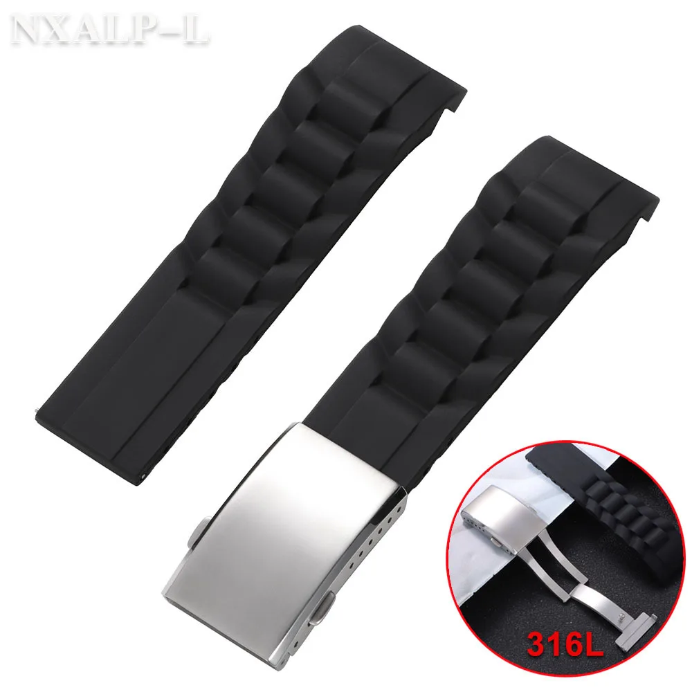 

Rubber Watch Strap 316L Solid Folding Buckle Watchband 20mm 22mm for Seiko for Citizen Curved End Silicone Sport Diving Bracelet