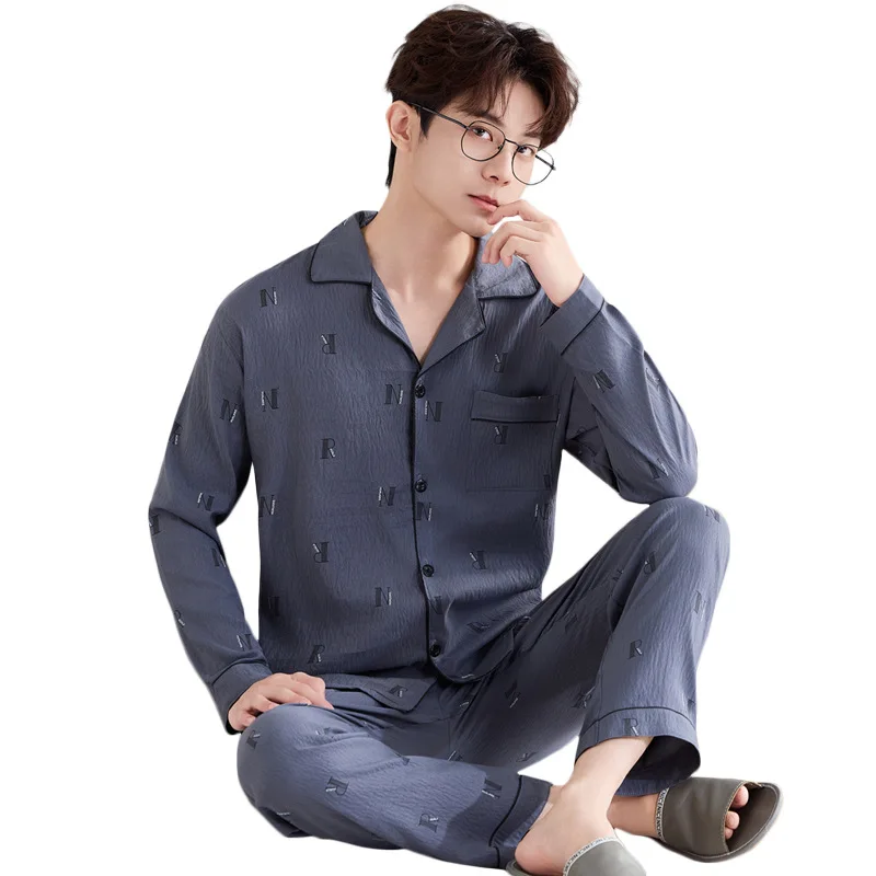 بيجامة رجالية فاخرة للخريف والربيع، قطن سحابي بأكمام طويلة، نمط بسيط مع تصميم حروف، مجموعة ملابس مريحة راقية