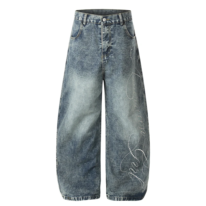 

Джинсы прямого кроя GXFortune с бриллиантовой инкрустацией и эффектом потертости для мужчин и женщин, в стиле High Street, из выцветшего денима с блестками