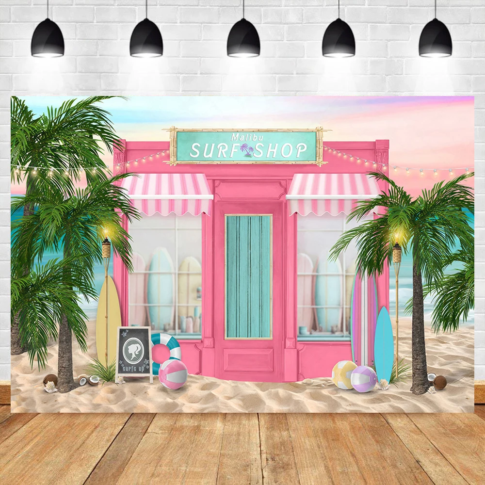 Summer Surf Shop Photo Background,Pink Beach Princess Birthday Photo Studio Props for Girl Cake Smash Background for Photography