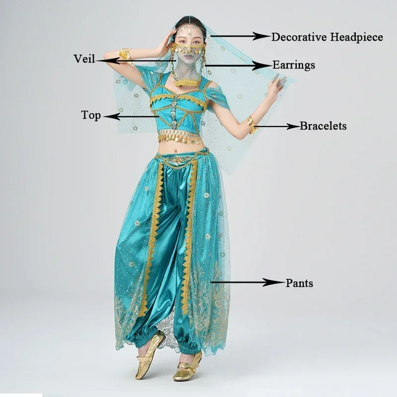 ชุดคอสเพลย์เจ้าหญิงจัสมินเครื่องแต่งกายผู้หญิงแฟนซีเครื่องแต่งกายแบบปักลายสไตล์อินเดียสำหรับงานปาร์ตี้