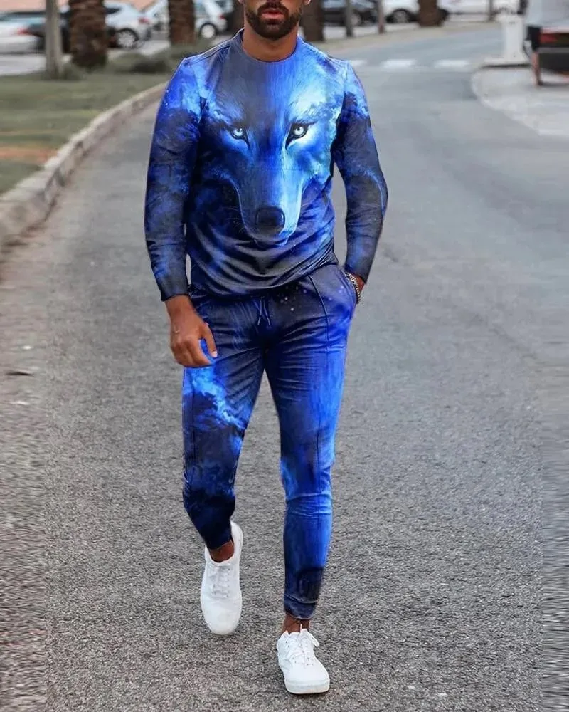 Fashion Animal Lion 3D Print Men\'s Sportswear Set Casual Long-Sleeved T Shirt Pants 2-Piece Set Oversized Pullover Men Clothing