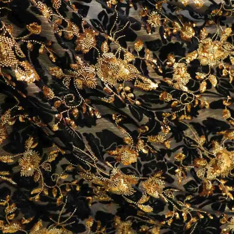 

Золотая трехмерная цветочная трубка из бисера, вышитая линиями и блестками, ткань для свадебных платьев, вечерних платьев для женщин