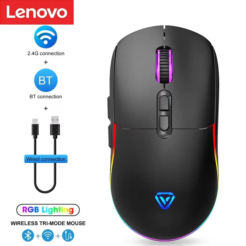 Lenovo 2.4g Wireless Bluetooth Mouse Three Modes E-sports Game Mouse Computer Notebook RGB Light Rechargeable Mouse