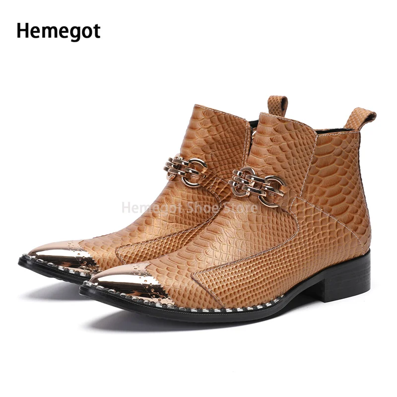 

Metallic Toe High Top Men's Boots Gold Chain Decoration Side Zipper Men's Shoes Genuine Leather Booties New In Party Male Botas