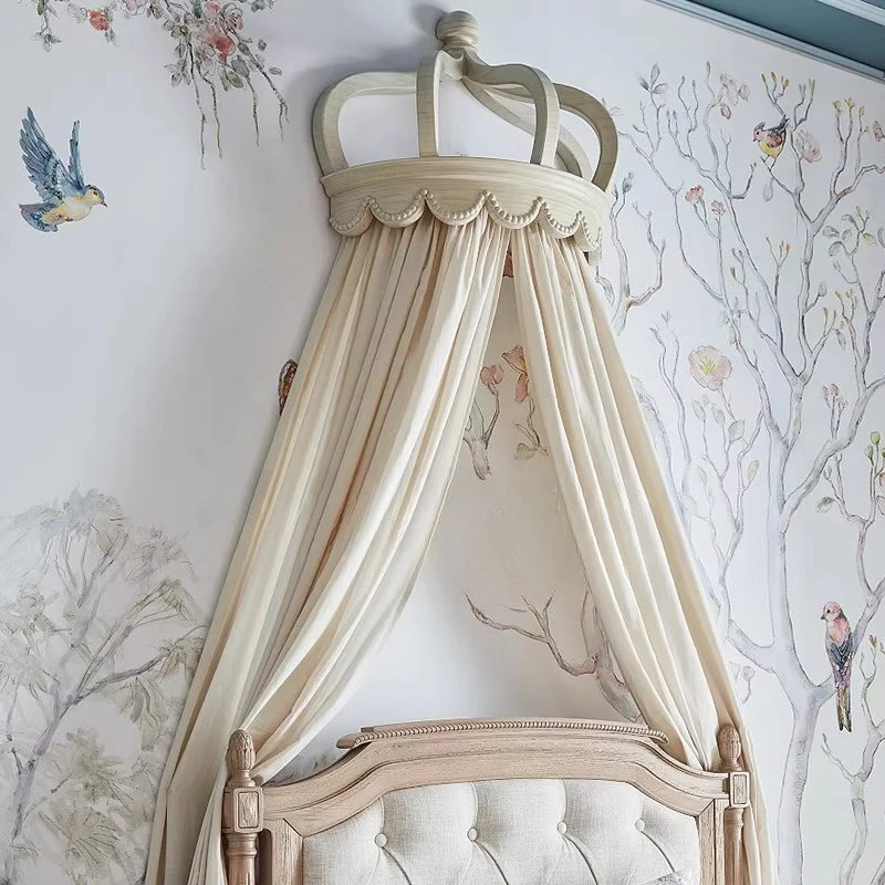 Old carpenter bed mantle shelf French solid wood carving princess room bedside decoration gauze curtain head hanging wall wooden