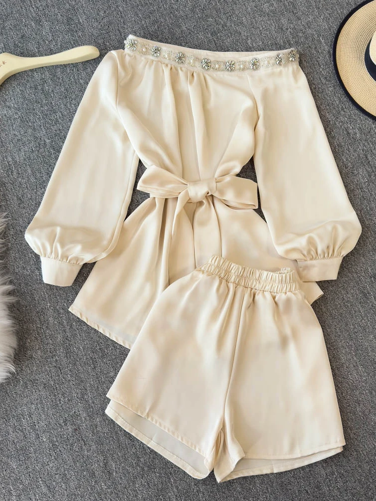 

Diamond Slash Neck Sexy Bandage Bow Shirt High Waist Wide Leg Shorts Suit Chic Summer Two Piece Sets Shorts Womens Outfits