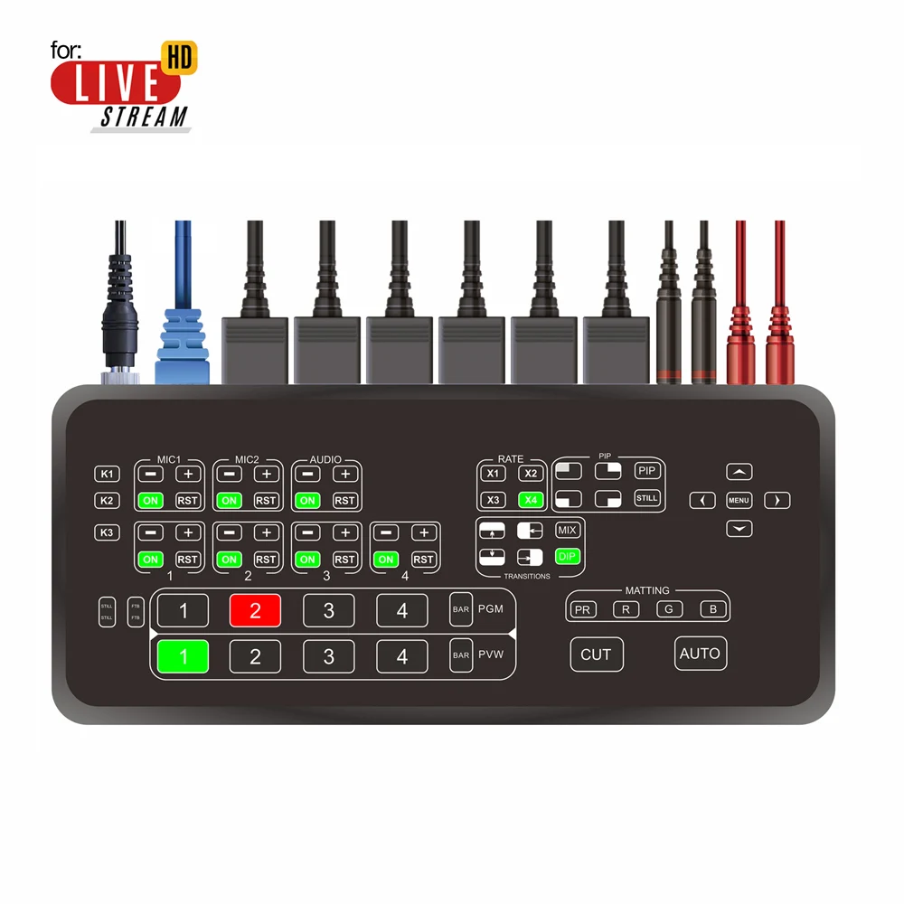 4CH HDMI Live Streaming Switcher 1080p for Broadcast Switch Live Streaming Video Control Support 2 Microphone input