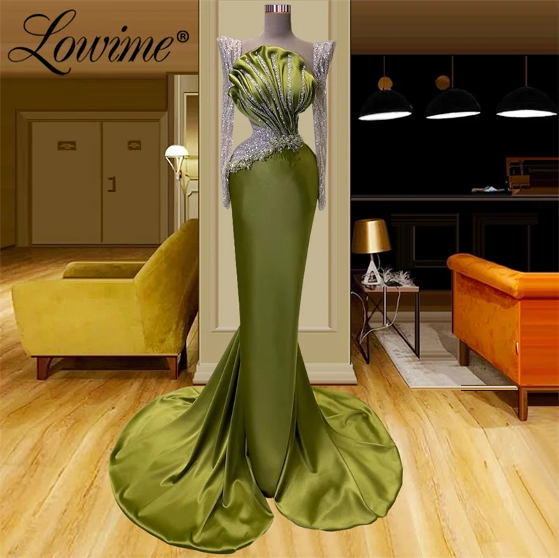 Green Long Sleeves Dubai Formal Evening Dresses Sequin Beaded Mermaid Party Dress For Weddings Customize Plus Arabic Prom Gowns