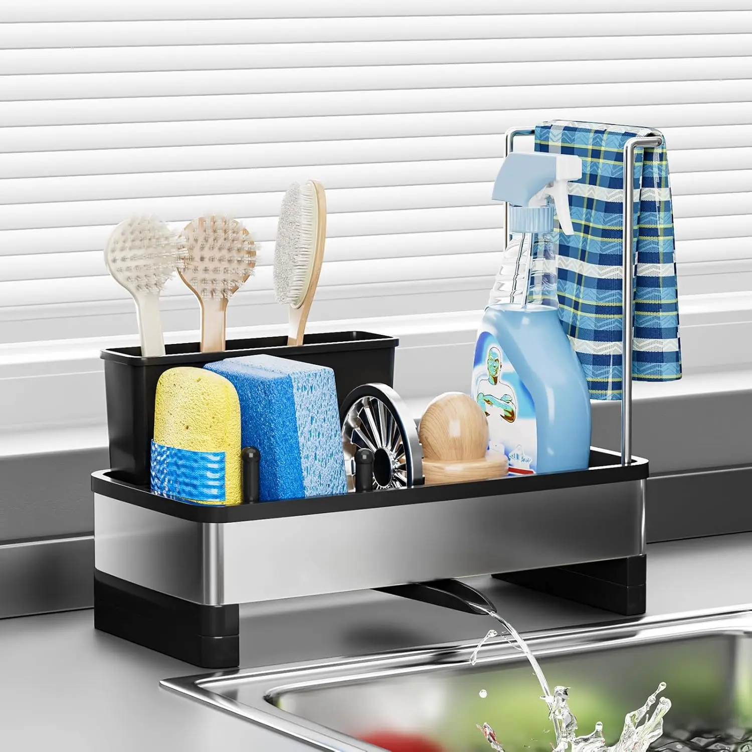 

Stainless Steel Sink Caddy, Sponge Holder with Brush Holder & Towel Rack, Kitchen Countertop Organizer, Drain Spout, Black