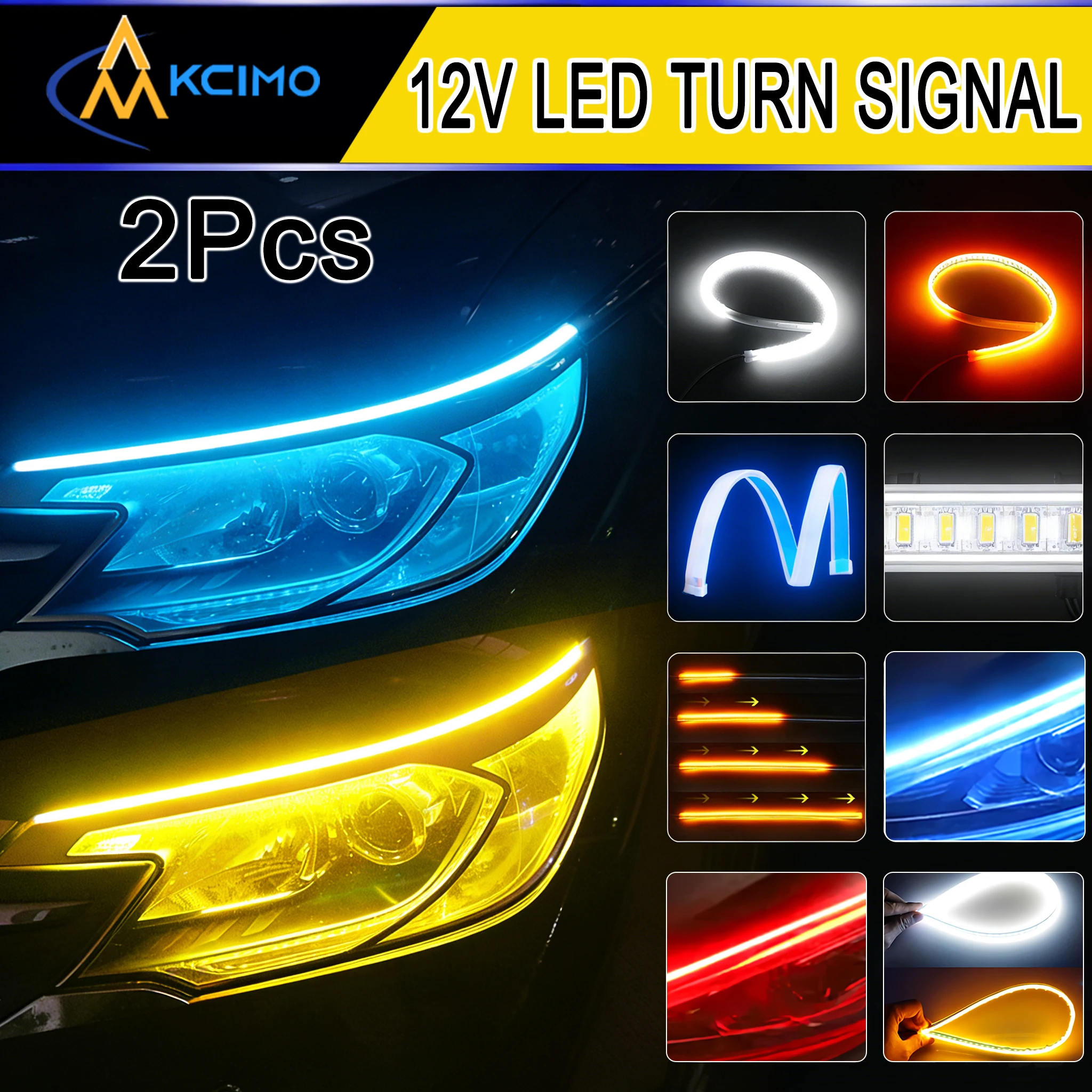 Kcimo 2Pcs 12V LED Car Daytime Running Lights Flexible Waterproof Strip with White Turn Signal Brake Flow Car Styling