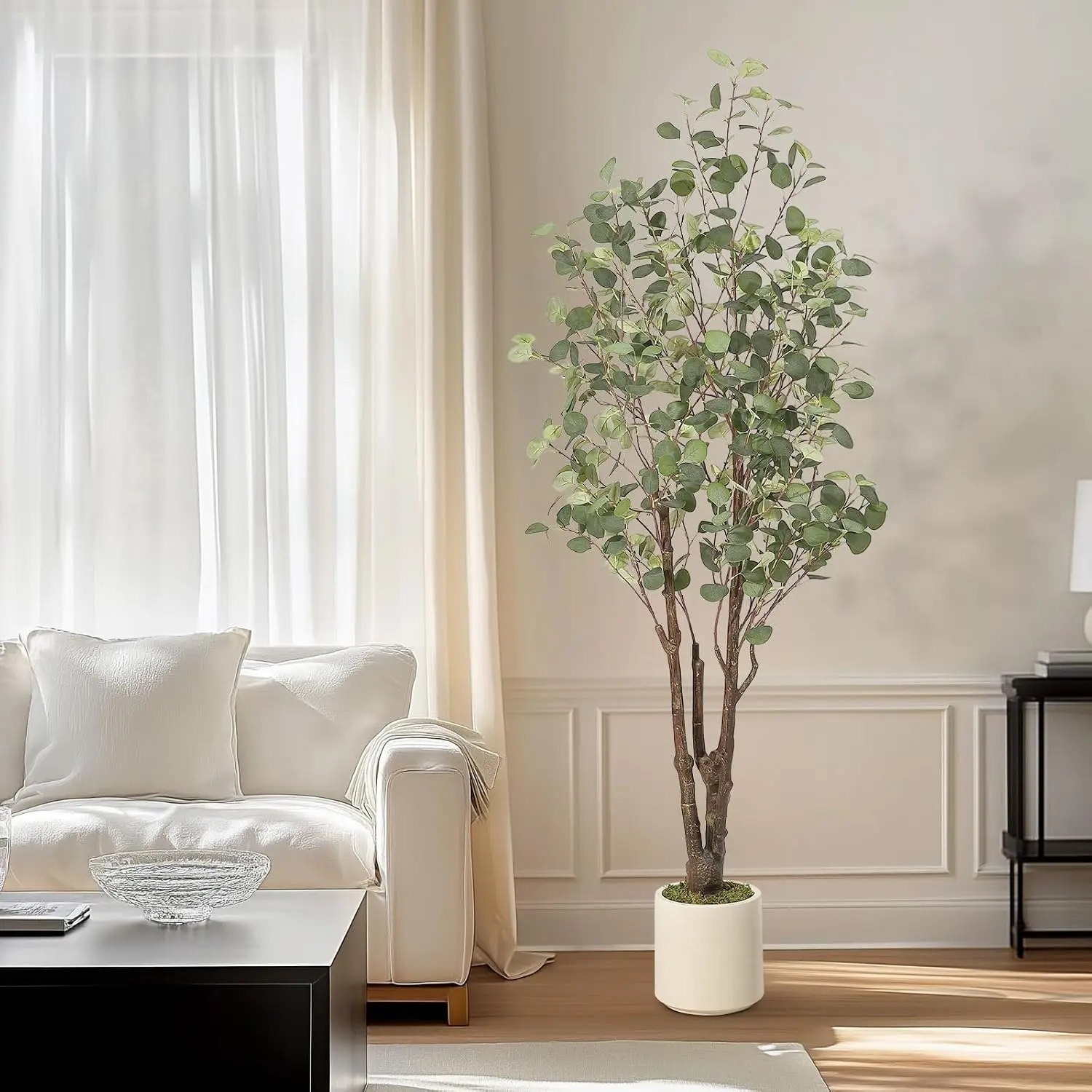 Artificial Eucalyptus Tree w/ 50 LED Lights, Pre-Potted Faux Floor Plant, Realistic Silk Multi-Stem Greenery in White Planter for Home & Office Decor Christmas Party Supplies 4