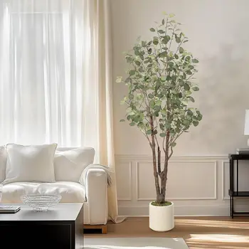 Artificial Eucalyptus Tree w/ 50 LED Lights, Pre-Potted Faux Floor Plant, Realistic Silk Multi-Stem Greenery in White Planter for Home & Office Decor Christmas Party Supplies 4