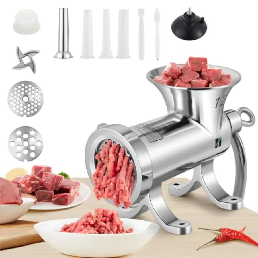 

Ручная мясорубка из нержавеющей стали с прочными колбасными трубками и четырьмя присосками для домашнего использования Идеально подходит для обработки цыпленка