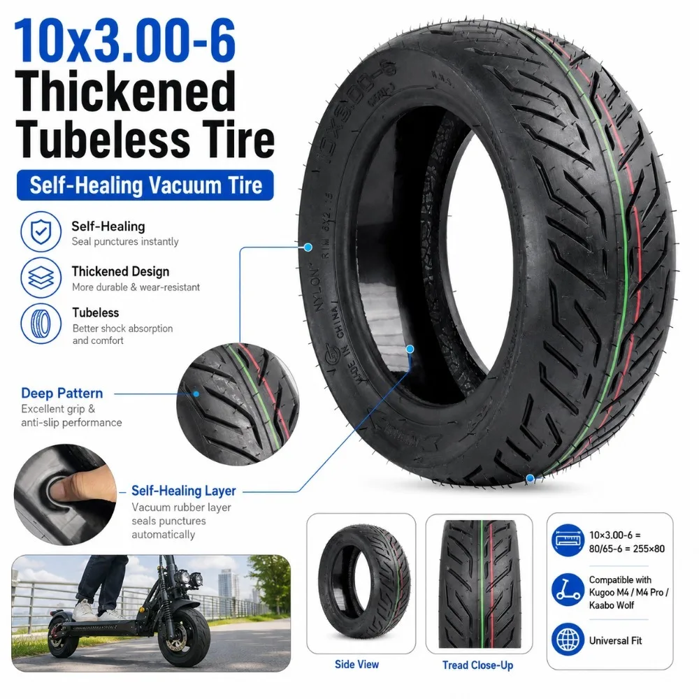 10x3.00-6 Dicker Vakuumreifen Passend für Kugoo M4/M4 Pro /Kaabo Wolf Elektroroller 10 Zoll Selbstreparierender Vakuumreifen