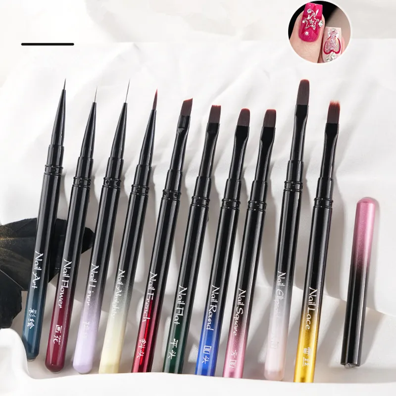 10種類のカラーグラデーションメタルハンドルネイルアートペンブラシカラーリングペンラウンドライトセラピーペンハローペンネイル描画ペンフラワーペン