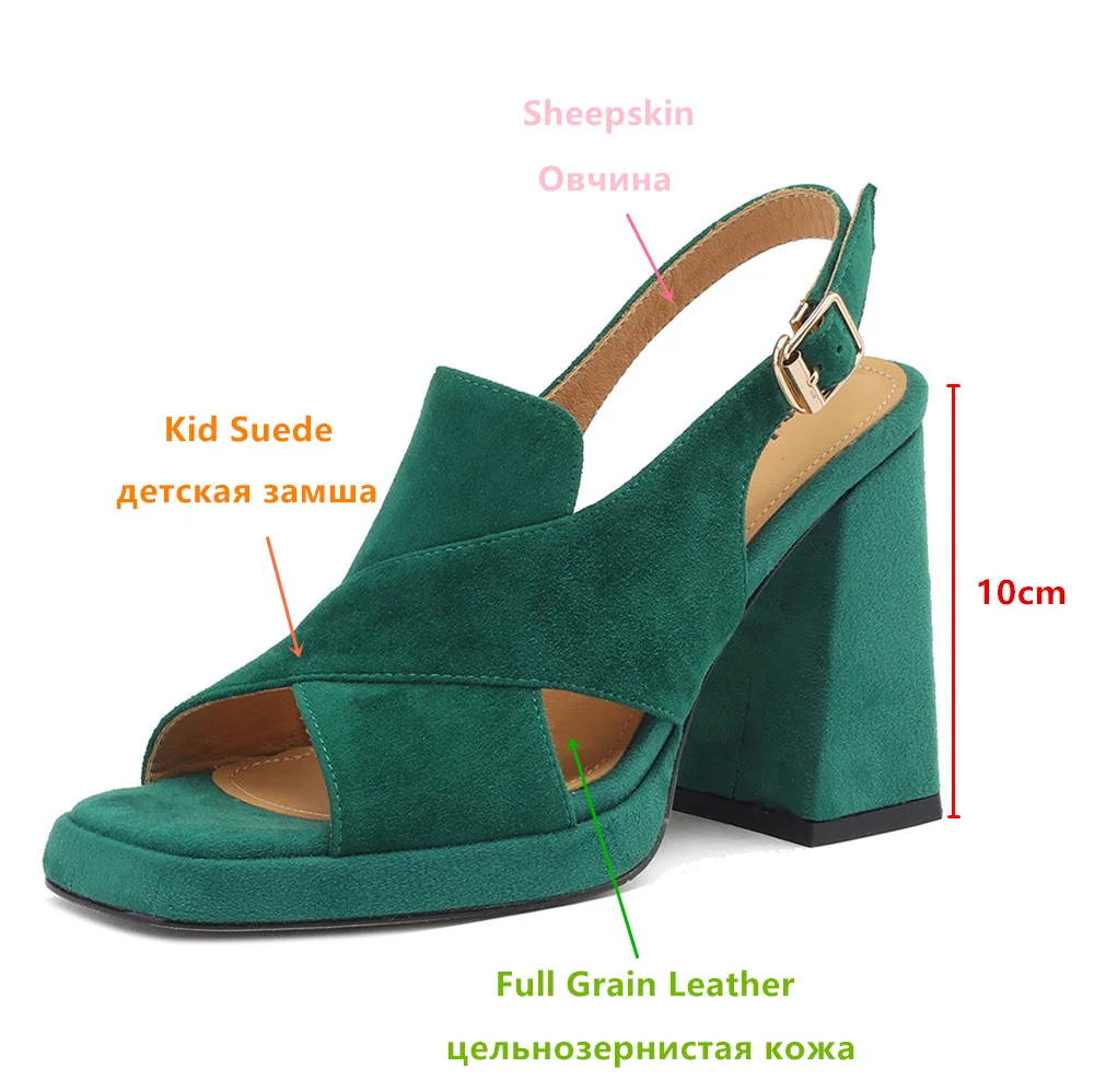 Aucegi Elegance Vintage Women Kid Suede Sandals Women Buckle Strap Platform Thick High Heels Commuter Casual Manual Made Shoes