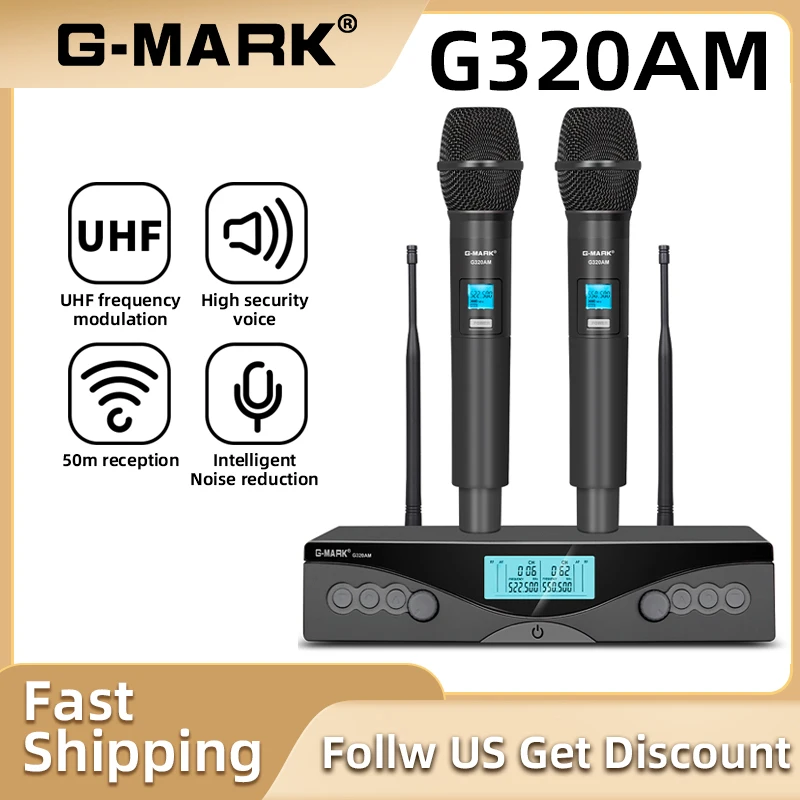 Wireless Microphone G-MARK G320AM UHF 2 Channels Karaoke Handheld Frequency Adjustable For Party Stage Show 50M Use Distance