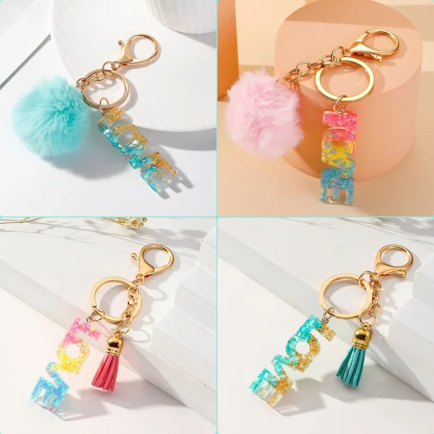 New Resin Rainbow Gradient LOVE English Letter Keychain Pendant With Connected Letters Women's Bag Hanging Accessories Gift