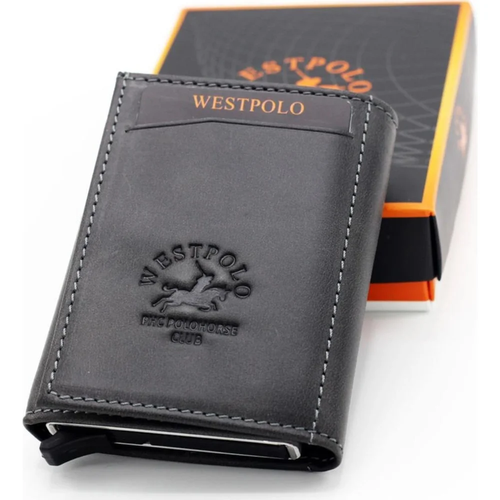 West Polo-cartera 100% de piel auténtica para hombre, tarjetero para identificación de negocios