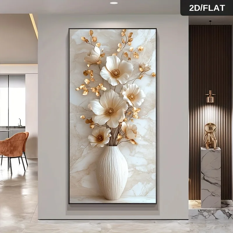 

Frameless Modern Floral Canvas Wall Art - Beige & Golden Vase Flowers Painting, for Living Room & Bedroom, High-Quality Canvas