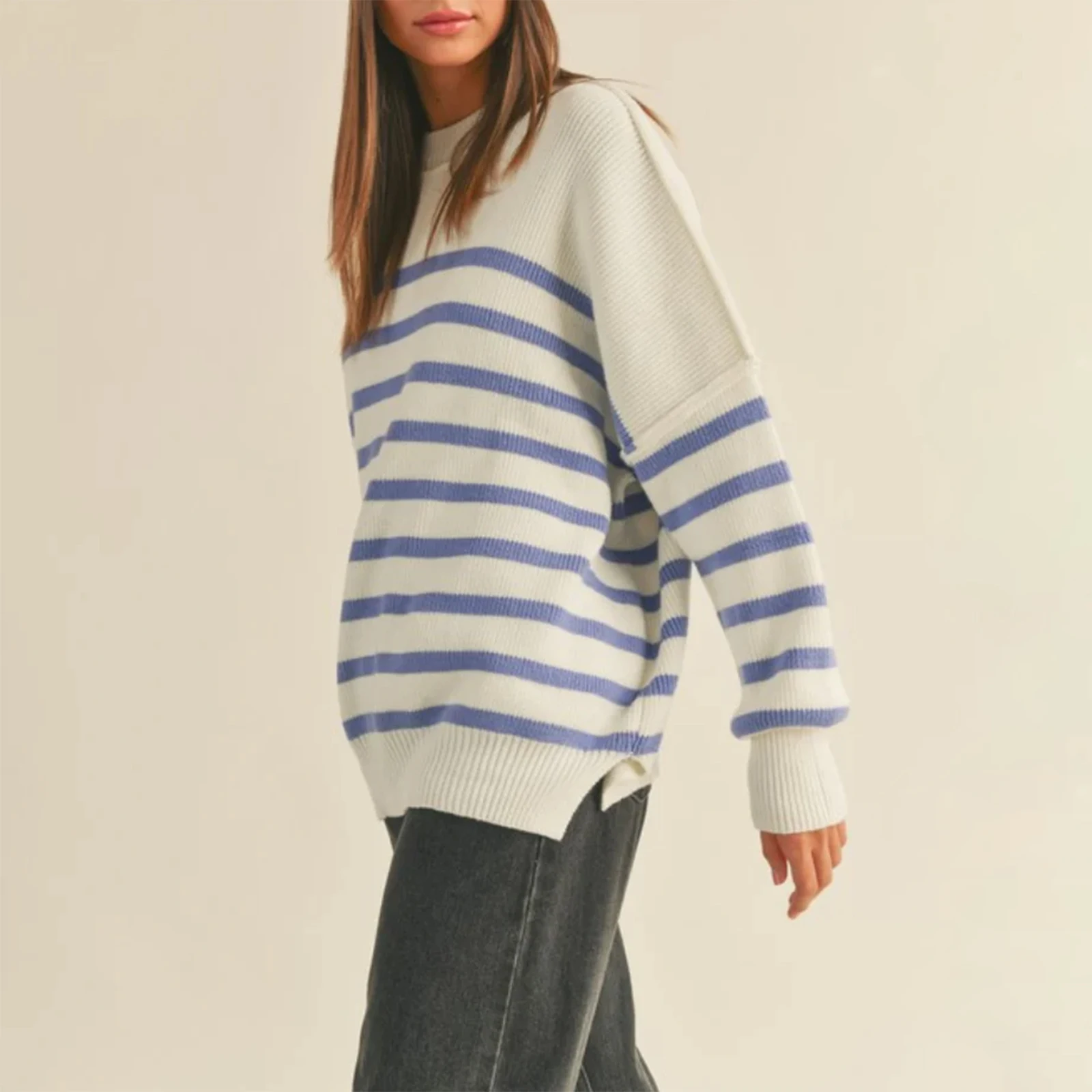 Women's y2kAesthetic Striped Sweater Drop Shoulder Long Sleeve Round Neck Slit Hem Casual Loose Warm Knitted Top image 3