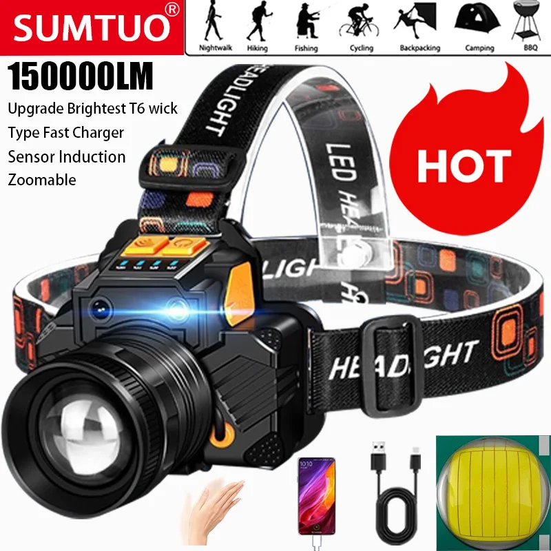 

Super Bright Led Headlamp Fishing Headlight Portable Flashlight Zoom Sensor Rechargeable Outdoor Waterproof Camping Hunting 20w