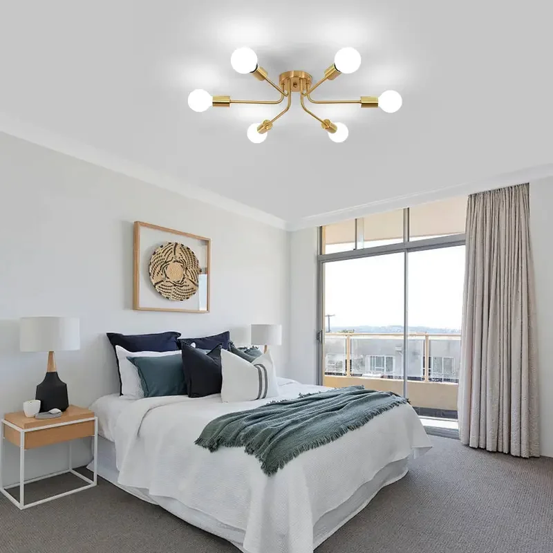 تركيبات إضاءة السقف الصناعية لمنتصف القرن، ثريا سبوتنيك ذهبية مكونة من 6 أضواء لغرفة الطعام والمطبخ Liv