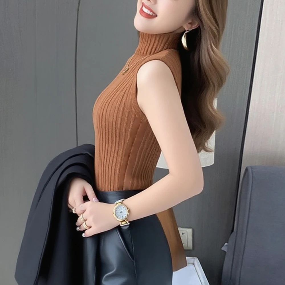 Fashion Tank Knit T Shirt Young Woman Black Sleeveless Blouse Women Clothing High Neck Knit Shirts Elegant Sweater Tops Clothes