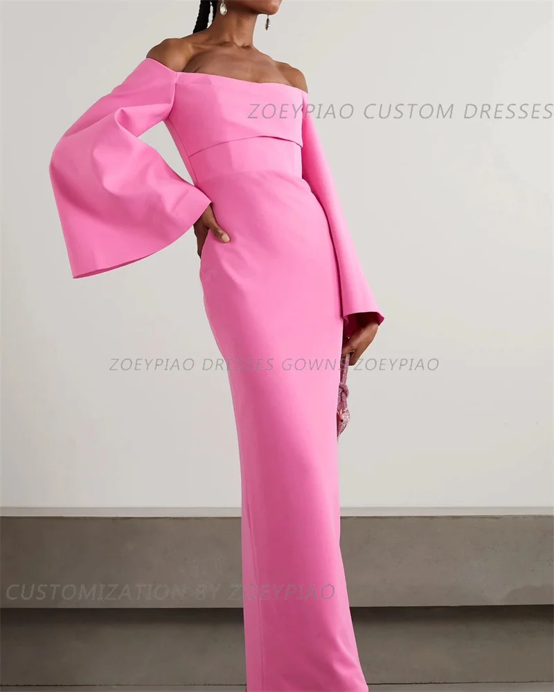 Fashion Pink Sheath Satin Formal Causal Long Evening Gowns Long Sleeves Off Shoulder Party Dresses Sheath 2024 Prom Dress