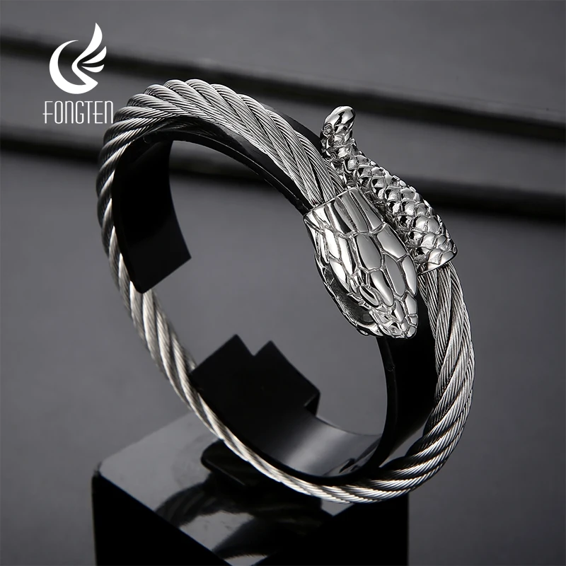 Fongten Punk Animal Snake Men's Spiral Twisted Chain Bracelets Stainless Steel Cable Bracelets For Men Gothic Bangle Jewelry