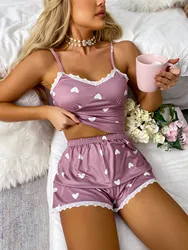 Women's pajamas new design a suspender a pair of shorts two-piece light purple home dress love pattern lace lovely elegant casua