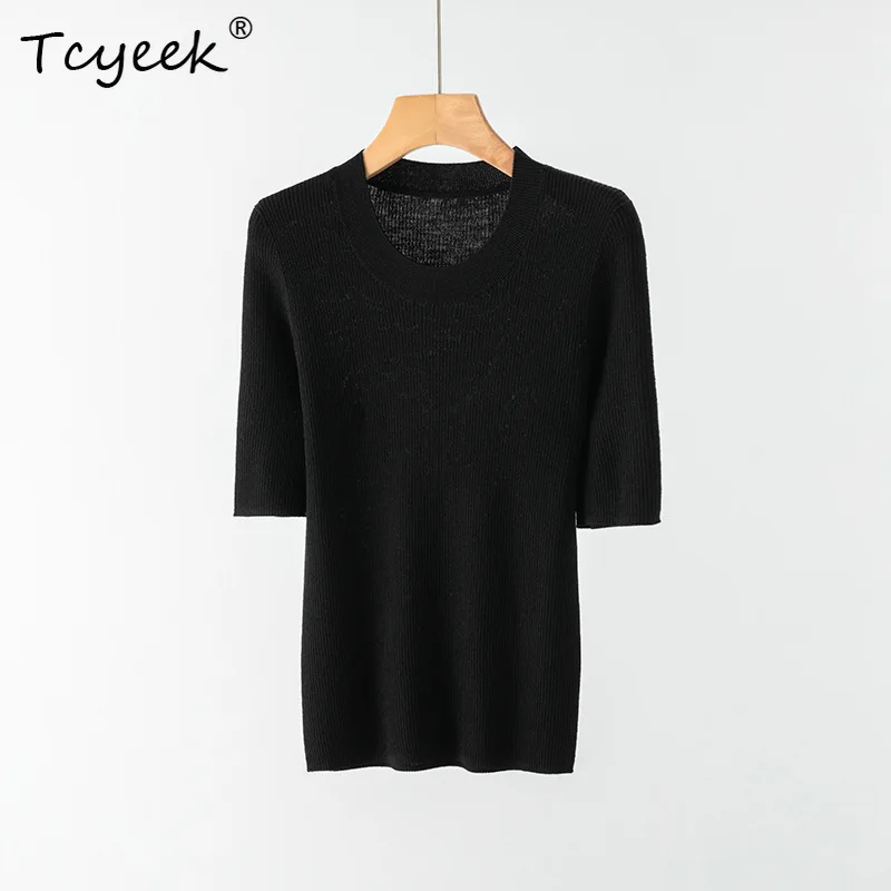 

Tcyeek, элегантная футболка из 100% овечьей шерсти, женская однотонная футболка с круглым вырезом и половиной рукавов, модный винтажный вязаный топ, осень-зима 2024, T48623QM