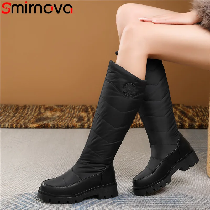 Smirnova Big Size 35-44 Snow Boots Women Thick Fur Warm Winter Boots Black White Square Mid Heels Fashion Casual Knee High Boots