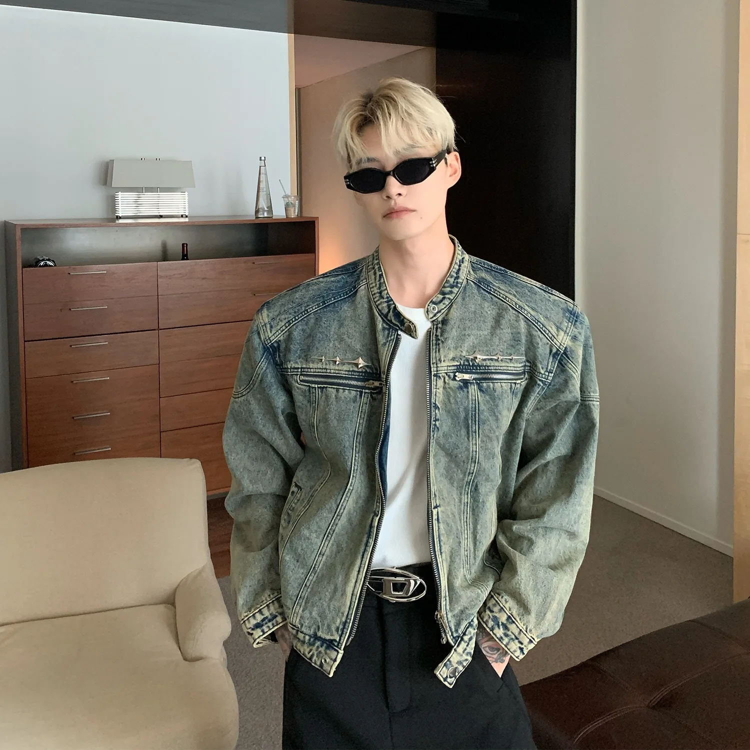 

Waed Denim Jaet Men's Spring Autumn Trendy Workwear Collar Jaet Yellow Earth Tint American Retro Sle Long Sve