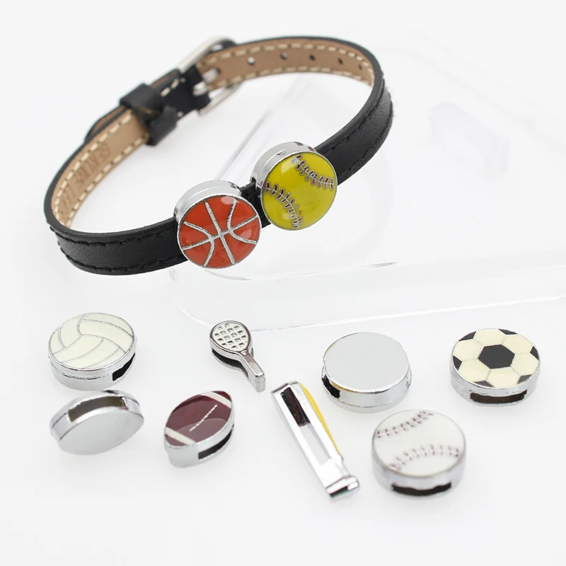 50PCS/lot Hole 8MM Football Baseball Basketball Soccer Slide Charm Sport DIY Charms Fit For 8mm Keychains Bracelet Jewelrys